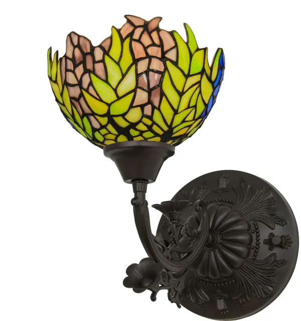 The Honey Locust was popular floral design created by Louis Comfort Tiffany, more than a century ago. Decorative dome-shaped stained glass lampshades, with petal shaped edges depict clusters of Plum and Periwinkle flowers amid Spring Green leaves cascading towards the base. This bridge arm accent lamp has a complementary decorative base featuring our Mahogany Bronze finish. Collection: Tiffany Honey Locust Finish: Mahogany Bronze Glass: Stained Glass Width: 8.00" Height: 11.50" Length: 14.00" Weight: 2.00 lb Extension from Wall: 14.00" Number of Bulbs: 1 Maximum Wattage: 60.00 W Bulb Type: A19 Bulb Base: E26 Material: Metal Or Polyresin Country of Origin: CHINA Safety Listing: Dry Safety Rating: Dry