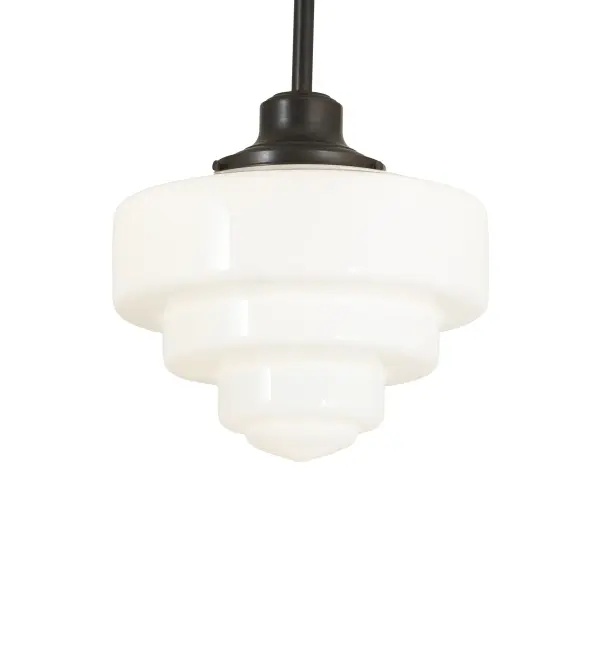 Restore the past with this handsome pendant featuring a beautifully formed; 3-tiered White Opal Schoolhouse Glass shade. The fixture is complemented with a Craftsman Brown finish. This vintage-style lighting fixture features a refined yet consistent; distinctive design that originated in traditional schoolhouses and public buildings in the early 1920s. The pendant is perfect for entryways and lobbies in structures from Wells; Maine; to Columbia County; New York; to Canaan; Pennsylvania. The Revival Schoolhouse Tiered Globe Pendant is included in our American-designed; handcrafted Mid-Century Modern Collection. The fixture is UL & cUL listed for dry and damp locations.