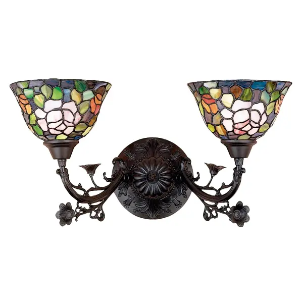 The most beloved of all flowers; the rose; is beautifully represented in this Meyda reproduction of a Tiffany Studio classic. Petal Pink; Romantic Red and Plum Passion art glass roses ramble on a maze of Garden Green leaves. These delicate domed stained glass shades are paired with a graceful; hand finished Mahogany Bronze two light wall sconce fixture.