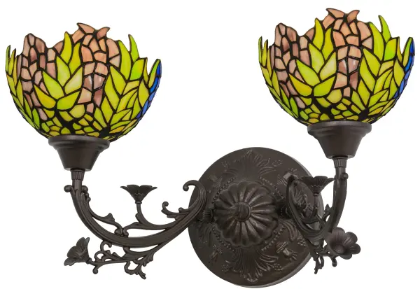 The Honey Locust was popular floral design created by Louis Comfort Tiffany; more than a century ago. Decorative dome-shaped stained glass lampshades; with petal shaped edges depict clusters of Plum and Periwinkle flowers amid Spring Green leaves cascading towards the base. This two light wall sconce has complementary decorative hardware featuring our Mahogany Bronze finish.