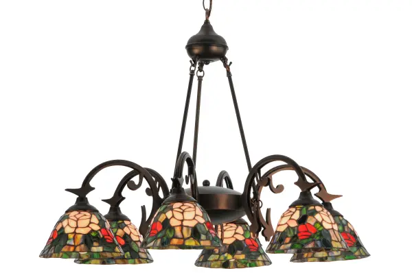 The most beloved of all flowers; the rose; is beautifully represented in this Meyda reproduction of a Tiffany Studio classic. Petal Pink; Romantic Red and Plum Passion art glass roses ramble on a maze of Garden Green leaves. These delicate domed stained glass shades are paired with a graceful; hand finished Mahogany Bronze six light chandelier fixture.