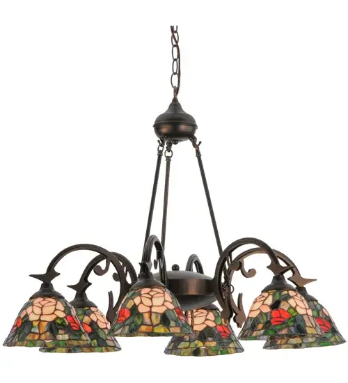 The most beloved of all flowers; the rose; is beautifully represented in this Meyda reproduction of a Tiffany Studio classic. Petal Pink; Romantic Red and Plum Passion art glass roses ramble on a maze of Garden Green leaves. These delicate domed stained glass shades are paired with a graceful; hand finished Mahogany Bronze six light chandelier fixture. - alternate view