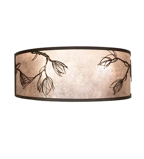 This stunning lighting design features Nature-inspired Pine Needle metal accents as a beautiful, ambient glow emanates from a curved Silver Mica shade complemented by hardware and accents finished in Oil Rubbed Bronze. This curvaceous fixture can be used as a vanity light in a fine bath or a decorative wall sconce in hallways and other spaces in residential, hospitality, and commercial settings throughout the US, including Henderson, Nevada, to Helena, Montana, to Everett, Washington. The Lone Pine Vanity Light is featured in our American-made, American-designed, handcrafted Nature Inspired Lighting Collection. This fixture is manufactured in Yorkville, New York. UL and cUL listed for dry and damp locations. Upstate New York's adventurous playland, known as the Adirondack Mountains, with its many breathtaking forests, lakes, and rivers, is the spiritual birthplace of Meyda and inspires our rustic-themed mica collections. Collection: Lone Pine Finish: Oil Rubbed Bronze Glass: Silver Mica Width: 20.00" Height: 9.00" Length: 5.50" Weight: 6.00 lb Number of Bulbs: 3 Maximum Wattage: 60.00 W Bulb Type: A19 Bulb Base: E26 Material: Steel Country of Origin: USA Safety Rating: Damp - alternate view