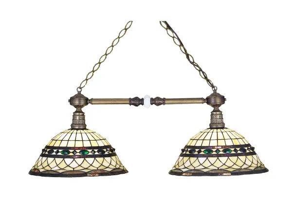 Emerald-colored jewels and Multi colored granite glass; accent the handsome Amber Beige art glass reproduction of a famous Louis ComfortTiffany design. This Tiffany Roman shade is Inspired by Italian art and architecture and is handcrafted of authentic stained glass by Meyda Tiffany artisans using a copperfoil construction method. The Two Light Bar hardware is finished in a hand applied Mahogany Bronze.