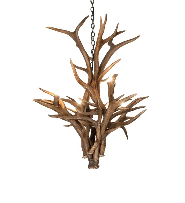 A stunning Elk and Mule Deer Antler design comes to light. Capture the rustic charm of naturally shed; hand-selected Elk and Mule Deer Antlers with this fixture. No animals are harmed; and all Antlers are 100 percent authentic. This stunning chandelier is adorned with four complementary faux candlelights that cast beautiful ambient light. The fixture is enhanced with a Natural finish. The overall height range is 42 to 71 inches and can be easily adjusted on location; more chain can be requested upon ordering. The Antlers Elk & Mule Deer Chandelier is featured in our American- manufactured; American-designed Antlers Lighting Collection and is made in the United States. The fixture is UL and cUL listed for dry and damp locations; and is handcrafted using sustainably harvested; naturally shed Antlers. No two antlers are precisely alike; and natural variations may be expected from each one-of-a-kind piece.