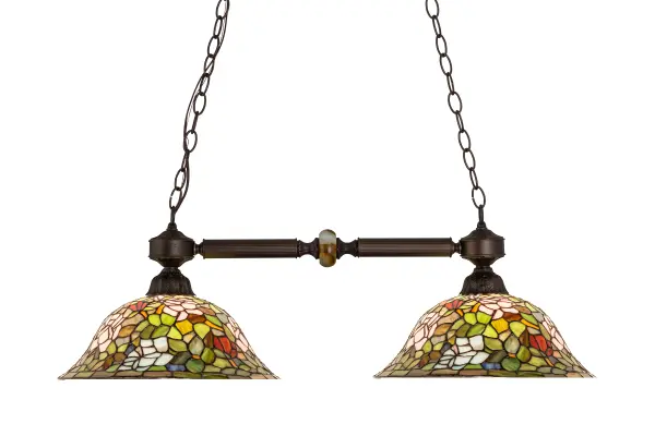 The most beloved of all flowers; the rose; is beautifully represented in this Meyda reproduction of a Tiffany Studio classic. Petal Pink; Romantic Red and Plum Passion art glass roses ramble on a maze of Garden Green leaves. These delicate domed stained glass shades are paired with a graceful; hand finished Mahogany Bronze two light island fixture.