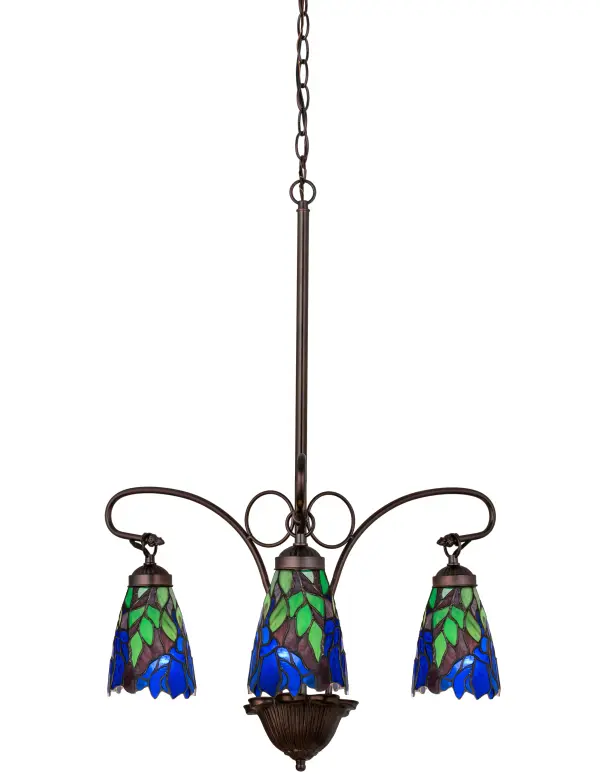Stylized Wedgewood Blue Iris flowers with Spring Green leaves enhance these delicate stained art glass shades. Each elegant shade is created with hand-cut glass and the famous Meyda Tiffany copperfoil construction technique. The shades are suspended from the gracefully curving Hand-forged Iron arms of the three-light chandelier; hand-finished in a warm Mahogany Bronze. The Iris Chandelier is included in our American-designed; handcrafted Stained Glass Lighting Collection. UL and cUL listed for dry and damp locations.