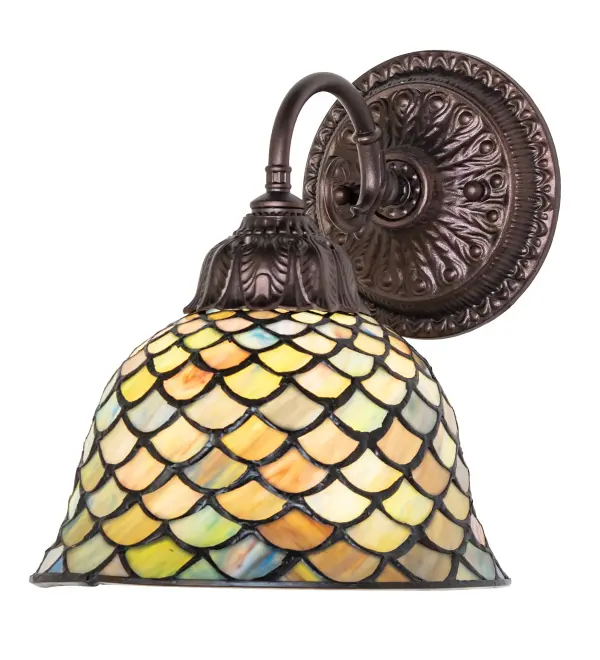 A Louis Comfort Tiffany studio classic... The renowned Fishscale design features a variegated Tortoiseshell of Emerald, Sapphire, Mauve, and Beige colored art glass, evoking a unique dimensional and textured look in a rainbow of brilliant hues. This exquisite art glass shade is created using the famous Meyda Tiffany copperfoil construction process and enhanced with a Mahogany Bronze finish. The wall fixture was inspired by Rainbow Trout and other colorful fish found in Northwest Montana, Eastern Idaho, and Baja, California. The Tiffany Fishscale Wall Sconce is included in our American-designed, handcrafted Tiffany Reproduction Lighting Collection. It is UL and cUL listed for dry and damp locations. Each shade is a unique work of art with color variations based on natural ingredients inherent in the glass. Collection: Tiffany Fishscale Finish: Mahogany Bronze Glass: Stained Glass Width: 8.00" Height: 11.00" Length: 9.50" Weight: 2.50 lb Number of Bulbs: 1 Maximum Wattage: 60.00 W Bulb Type: A15 Bulb Base: E26 Material: Zinc Country of Origin: CHINA Safety Rating: Damp