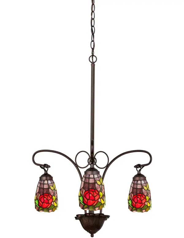 Coral and Burgundy Roses with Spring Green leaves; enhance these delicate stained art glass shades created with hand cut glass and copper foil construction. The shades are suspended from the gracefully curving arms of a three light chandelier; hand finished in Mahogany Bronze.