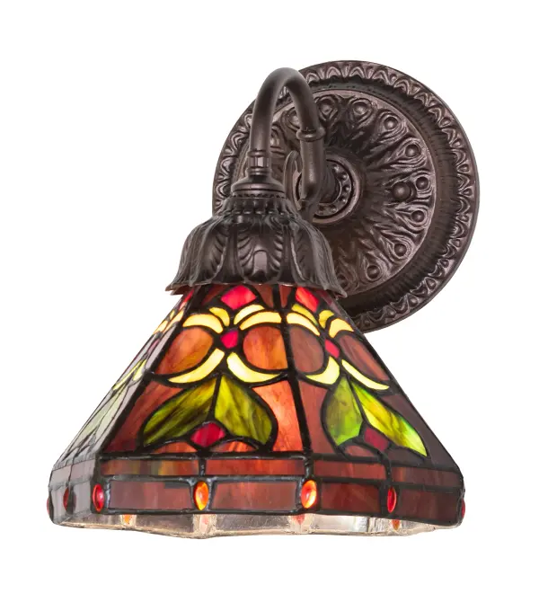Beautiful stained glass created for a resplendent look best describes Middleton. Leaf Green and Amber motifs with Ripe Red Berry accents and jewels highlight this decorative design on a Dark Amethyst colored background. The art glass shade was created using Meyda Tiffany's famous copperfoil construction process and enhanced by an elegant decorative cast metal wall plate finished in a warm Mahogany Bronze with a White and Caramel Onyx accent. The fixture is ideal for illuminating walls in hallways and dining areas in homes, hotels, and restaurants from Exeter, New Hampshire, and Boston, Massachusetts, to Seattle, Washington. The Middleton Wall Sconce is included in our American-designed, handcrafted Tiffany Stained Glass Collection. UL & cUL are listed for dry and damp locations. Each shade is a unique work of art with color variations based on natural ingredients inherent in the glass. Collection: Middleton Finish: Mahogany Bronze Glass: Stained Glass Width: 8.00" Height: 9.00" Length: 9.00" Weight: 3.00 lb Number of Bulbs: 1 Maximum Wattage: 60.00 W Bulb Type: A19 Bulb Base: E26 Country of Origin: CHINA Safety Rating: Damp