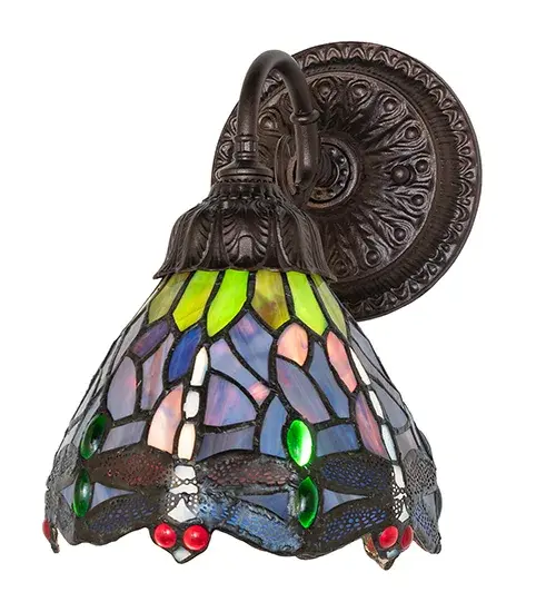 This beloved lighting design is modeled after the original hanging head dragonfly from Tiffany Studios. Diving Blue Dragonflies with glowing jeweled eyes and delicate metal filigree wings circle over hand-cut and copper foiled pieces of Lakeside Blue and Pond Green glass representing rippling water. This lovely shade is created using the famous Meyda Tiffany copperfoil construction and enhanced with a Mahogany Bronze finished cast metal hardware. The fixture is inspired by Dragonflies that inhabit renowned rose gardens in the New York Botanical Garden in Bronx Park, New York City, to the White House in Washington, D.C. It is ideal for placement in hallways and dining areas to create a beautiful design statement. The Tiffany Hanginghead Dragonfly Wall Sconce is included in our American-designed, handcrafted Tiffany Reproduction Collection. UL and cUL listed for dry and damp locations. Collection: Tiffany Hanginghead Dragonfly Finish: Mahogany Bronze Glass: Stained Glass Width: 7.00" Height: 9.50" Length: 9.00" Weight: 3.00 lb Number of Bulbs: 1 Maximum Wattage: 60.00 W Bulb Type: A15 Bulb Base: E26 Material: Zinc Country of Origin: CHINA Safety Rating: Damp - alternate view