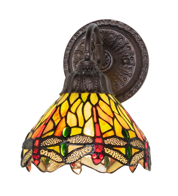 Inspired by a famous Tiffany Studio Dragonfly masterpiece. Red dragonflies with glowing Red jeweled eyes and Yellow filigree wings dive over a Green and Orange background accented with Red and Green glass jewels. Embraced with elegant cast metal hardware finished in Mahogany Bronze, the Tiffany Hanging Head Dragonfly Sconce is included in our American designed, handcrafted Tiffany Reproduction Lighting Collection. UL & cUL listed for dry and damp locations. Each shade is a unique work of art with color variations based on natural ingredients inherent in the glass. Contact us if color matching is critical when ordering multiple items. Collection: Tiffany Hanginghead Dragonfly Finish: Mahogany Bronze Glass: Stained Glass Width: 7.00" Height: 9.50" Length: 9.00" Weight: 2.50 lb Number of Bulbs: 1 Maximum Wattage: 60.00 W Bulb Type: A15 Bulb Base: E26 Country of Origin: CHINA Safety Rating: Damp