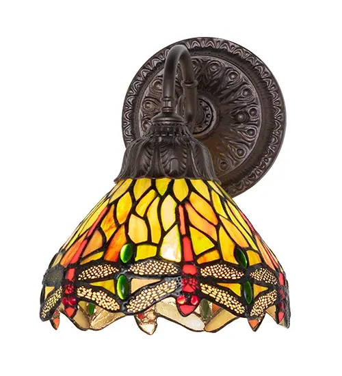Inspired by a famous Tiffany Studio Dragonfly masterpiece. Red dragonflies with glowing Red jeweled eyes and Yellow filigree wings dive over a Green and Orange background accented with Red and Green glass jewels. Embraced with elegant cast metal hardware finished in Mahogany Bronze, the Tiffany Hanging Head Dragonfly Sconce is included in our American designed, handcrafted Tiffany Reproduction Lighting Collection. UL & cUL listed for dry and damp locations. Each shade is a unique work of art with color variations based on natural ingredients inherent in the glass. Contact us if color matching is critical when ordering multiple items. Collection: Tiffany Hanginghead Dragonfly Finish: Mahogany Bronze Glass: Stained Glass Width: 7.00" Height: 9.50" Length: 9.00" Weight: 2.50 lb Number of Bulbs: 1 Maximum Wattage: 60.00 W Bulb Type: A15 Bulb Base: E26 Country of Origin: CHINA Safety Rating: Damp - alternate view