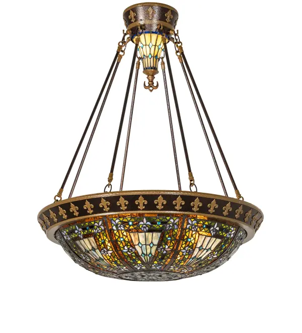 A Meyda Tiffany original. This Fleur-de-lis ceiling pendant is reminiscent of castle and cathedral stained glass fixtures of yore. The Fleur-de-lis holds a prominent place in French Heraldry. The stunning shade features an intricate design of Golden stylized tri-petaled Irises and Amber jewels against multicolored bands, surrounding a mottled Beige and Honey field. The stained glass shade is complemented by a smaller glass hub above- both are handcrafted using the famous Meyda Tiffany copperfoil construction technique. The fixture is enhanced with Copper Vein and Nu Gold finishes. The Fleur-de-lis Semi-Flushmount is featured in our American-designed, handcrafted Fleur-de-lis Collection. UL and cUL listed for dry and damp locations. Collection: Fleur-De-Lis Finish: Copper Vein & Nu Gold Glass: Stained Glass Width: 28.00" Height: 35.00" Length: 28.00" Weight: 32.00 lb Number of Bulbs: 4 Maximum Wattage: 60.00 W Bulb Type: A19 Bulb Base: E26 Material: Steel Country of Origin: CHINA Safety Rating: Damp