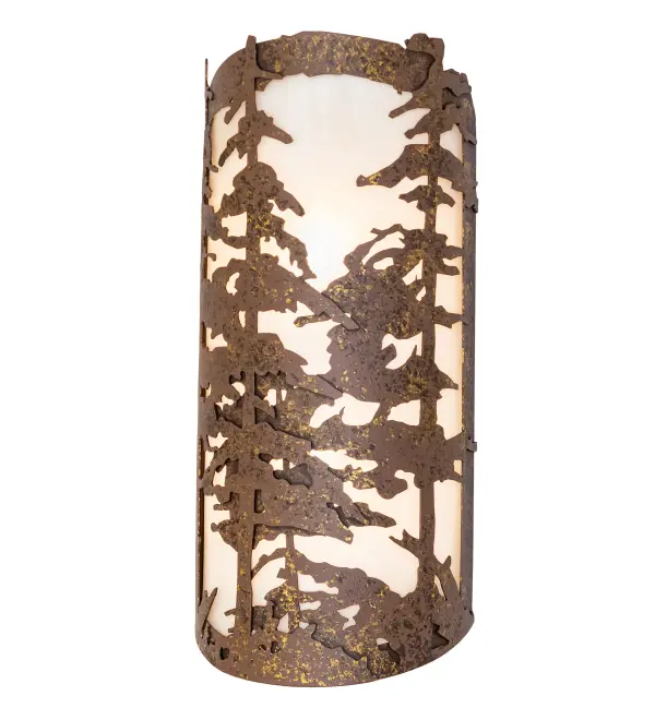This stunning wall sconce features mesmerizing Tall Pine Trees and woodland metal silhouettes. Beautiful ambient light is projected in a Fleshtone Idalight curvaceous shade complemented with a Pompeii Gold finish. It is ideal as a charming ADA-compliant wall sconce in a corridor or other space in a timber frame home, camp, or lodge. The Tall Pines Wall Sconce is included in our American-made, American-designed, handcrafted Nature Inspired Lighting Collection and manufactured in Yorkville, New York. UL and cUL listed for dry and damp locations. Upstate New York's adventurous playland, known as the Adirondack Mountains, with its many breathtaking forests, lakes, and rivers, is the spiritual birthplace of Meyda and inspires our rustic-themed collections. Collection: Tall Pines Finish: Pompeii Gold Glass: Fleshtone Idalight Width: 8.00" Height: 18.00" Length: 4.00" Weight: 6.50 lb Number of Bulbs: 2 Maximum Wattage: 60.00 W Bulb Type: A19 Bulb Base: E26 Material: Steel Country of Origin: USA Safety Rating: Damp