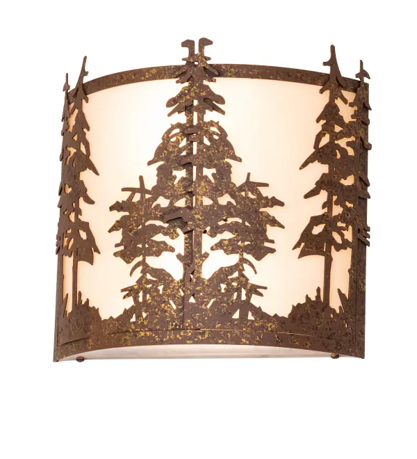 This stunning wall sconce features mesmerizing Tall Pine Trees and woodland metal silhouettes. Beautiful ambient light is projected in a Fleshtone Idalight curvaceous shade complemented with a Pompeii Gold finish. It is ideal as a charming ADA-compliant wall sconce in a corridor or other space in a timber frame home, camp, or lodge. Inspired by the pine trees in the Adirondack Mountains in Upstate New York, the Sawtooth National Forest in Idaho and Utah, and the Sierra National Forest in California and Nevada. The Tall Pines Wall Sconce is included in our American-made, American-designed, handcrafted Nature Inspired Lighting Collection and manufactured in Yorkville, New York. UL and cUL listed for dry and damp locations. Collection: Tall Pines Finish: Pompeii Gold Glass: Fleshtone Idalight Width: 12.00" Height: 12.00" Length: 4.00" Weight: 6.00 lb Number of Bulbs: 2 Maximum Wattage: 60.00 W Bulb Type: A19 Bulb Base: E26 Material: Steel Country of Origin: USA Safety Rating: Damp