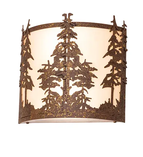 This stunning wall sconce features mesmerizing Tall Pine Trees and woodland metal silhouettes. Beautiful ambient light is projected in a Fleshtone Idalight curvaceous shade complemented with a Pompeii Gold finish. It is ideal as a charming ADA-compliant wall sconce in a corridor or other space in a timber frame home, camp, or lodge. Inspired by the pine trees in the Adirondack Mountains in Upstate New York, the Sawtooth National Forest in Idaho and Utah, and the Sierra National Forest in California and Nevada. The Tall Pines Wall Sconce is included in our American-made, American-designed, handcrafted Nature Inspired Lighting Collection and manufactured in Yorkville, New York. UL and cUL listed for dry and damp locations. Collection: Tall Pines Finish: Pompeii Gold Glass: Fleshtone Idalight Width: 12.00" Height: 12.00" Length: 4.00" Weight: 6.00 lb Number of Bulbs: 2 Maximum Wattage: 60.00 W Bulb Type: A19 Bulb Base: E26 Material: Steel Country of Origin: USA Safety Rating: Damp - alternate view