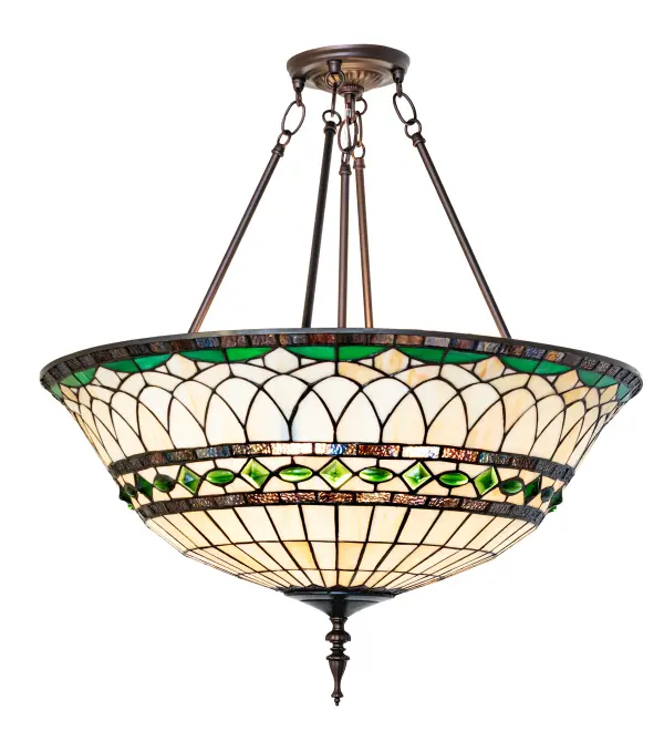 Emerald-colored jewels and Multicolored granite glass accent this stained glass reproduction of a famous Louis Comfort Tiffany design. The lighting design is inspired by Italian art and architecture from Rome; Italy; to Vatican City; to New York City. The art glass shade is created using the famous Meyda Tiffany copperfoil construction process and embraced by elegant cast metal hardware in a Mahogany Bronze finish. The pendant is ideal for illuminating dining tables; kitchen islands; and living spaces in residential and hospitality settings. The Tiffany Roman Pendant is included in our American-designed; handcrafted Tiffany Reproduction Lighting Collection. UL and cUL listed for dry and damp locations. Each shade is a unique work of art with color variations based on natural ingredients inherent in the glass.