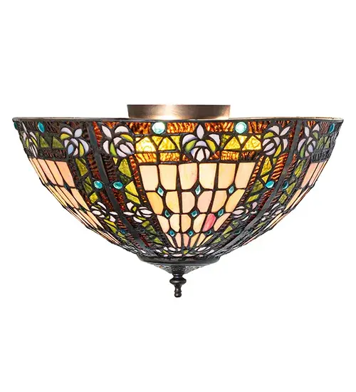 A Meyda Tiffany original... This Fleur-de-lis ceiling fixture is an elegant design featuring stylized three-petal Amber colored Lilies with Blue glass jewels among Amber Granite Glass and Beige Iridescent glass. The stained glass shade is reminiscent of European castles and cathedral glass and is handcrafted utilizing the famous Meyda Tiffany copperfoil construction process. The Fleur-de-lis Flushmount is included in our American-designed; handcrafted Fleur-de-lis Collection. UL and cUL listed for dry and damp locations. - alternate view