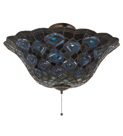 As distinctive as a beautiful Peacock's feathers; no two shades will ever be the same as their individuality can be as remarkably unique as their personality. This artistic creation utilizes swirling opalescent art glass background combinations including Beige Amber; Yellow Pinks; Red Purples; Golden Blues and Greens; Ivories; Bluish Whites; Turquoise Blues; Periwinkle; Olive and Spring Greens; Pale Yellow; Amethyst; Emerald and Topaz. The eye of the plumage design reveals Purples; Pastel Blues; Teals; Cobalt and Ivories. Individual pieces of glass are hand cut and wrapped using Meyda Tiffany's famous copperfoil construction. Each shade is a unique work of art with color variations based on natural ingredients inherent in the glass. Mahogany Bronze finish. - alternate view