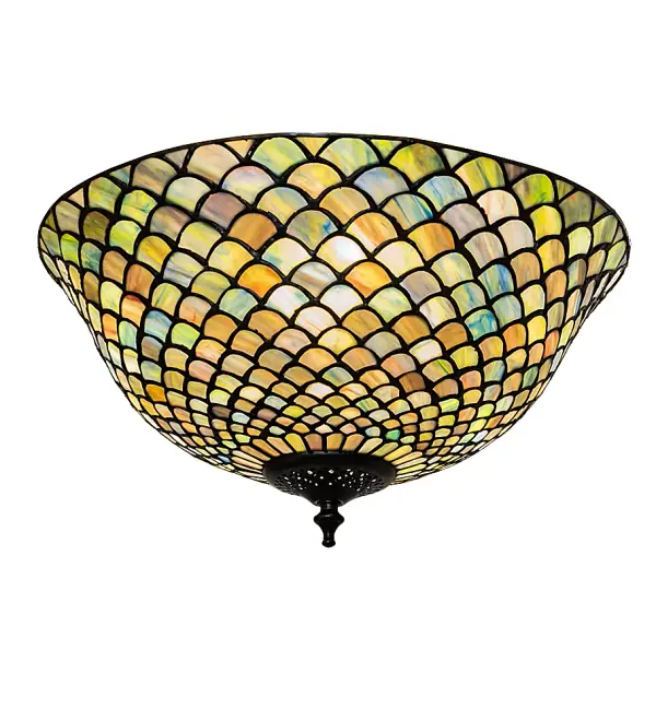 The Louis Comfort Tiffany studio classic Fishscale pattern is reproduced in variegated art glass of Honey dripped Emerald, Sapphire, and Garnet colors, evoking a unique dimensional and textured look in a rainbow of brilliant hues. This exquisite glass shade is enhanced with Mahogany Bronze hand finished hardware and will complement nearly any type of interior decor. Custom sizes, styles, finishes and dimmable lamping options available. No two sheets of stained glass will precisely match the beautiful works of art shown. We cannot depict every color variation but If you are looking for a specific coloration, call our customer service staff for an updated image of our most current stock items. This ceiling fixture is UL and cUL listed. Collection: Tiffany Fishscale Finish: Mahogany Bronze Glass: Stained Glass Width: 16.00" Height: 9.00" Length: 16.00" Weight: 6.50 lb Number of Bulbs: 3 Maximum Wattage: 60.00 W Bulb Type: A19 Bulb Base: E26 Material: Steel Country of Origin: CHINA Safety Listing: Damp Safety Rating: Damp