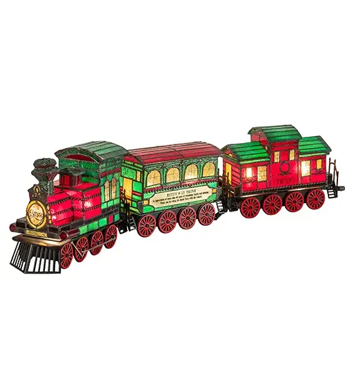 A charming Art Glass Train Carriage features the Utica Club name in Red on one side and the Saranac brand in Red on the other; with matching wheels and roof. The train also displays Green and Amber glass. This charming figure is created using the famous Meyda Tiffany construction process. Sold individually or as a 3-piece set. A lighted Tiffany-styled sculpture that serves as the perfect gift. Inspired by homes throughout the US; from Bethlehem; Pennsylvania; to Williamsburg; Virginia; to Leavenworth; Washington. The Train Carriage Lighted Sculpture is included in our American-designed; handcrafted Holiday Collection. UL and cUL listed for dry locations. Each lamp is a unique work of art with color variations based on natural ingredients inherent in the glass.