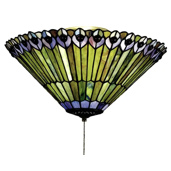 As distinctive as beautiful Peacock fanning feathers in the wild; no two shades will ever be the same as their individuality can be as remarkably unique as their personality. This artistic creation utilizes swirling opalescent art glass background combinations including Beige; Yellow Pinks; Golden Greens; Ivories; Bluish Whites; Turquoise Blues; Olive and Spring Greens. The eye of the plumage design reveals Purples; Pastel Blues; Teals; Cobalt and Ivories; accented with Blue and Purple colored jewels. Individual pieces of glass are hand cut and wrapped using Meyda Tiffany's famous copperfoil construction. Each shade is a unique work of art with color variations based on natural ingredients inherent in the glass. Mahogany Bronze finish.