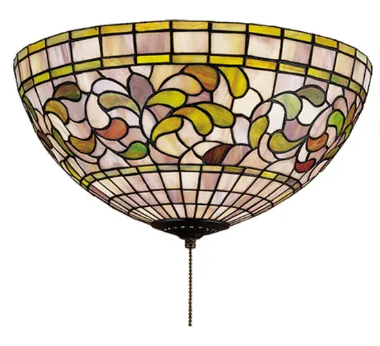 Subtle toned Autumn Gold; Russet and Moss Green leaves swirl against an Amber Mauve background in this stained glass Tiffany Studio reproduction. This elegant flush mount; with Mahogany Bronze finished hardware; will complement any decor.
