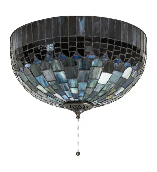 In the early 20th century; Tiffany Studios used it's artful mastery to develop the look of a woven fabric with a fringed skirt from art glass. Meyda Tiffany has recreated this shade with Amber Plum glass fringe suspended from a domed brickwork of Emerald; Cobalt and Ruby tinted Honey glass. Hand cut and copper foiled glass pieces make up this stately flushmount with Mahogany Bronze finish. - alternate view