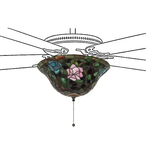 The most beloved of all flowers; the rose; is beautifully represented in this Meyda reproduction of a Tiffany Studio classic. Petal Pink; Romantic Red and Plum Passion art glass roses ramble on a maze of Garden Green leaves. The delicate domed stained glass shade is paired with a graceful; hand finished Mahogany Bronze fanlite fixture. Fan not included. - alternate view