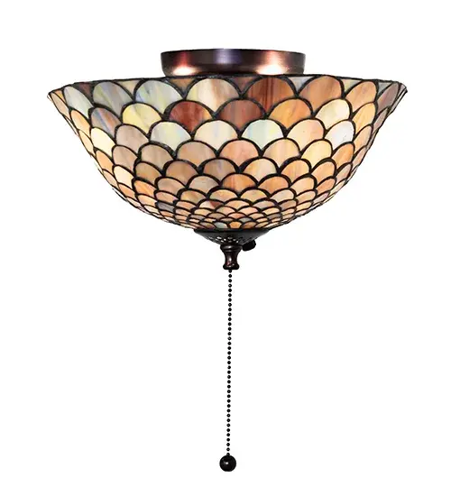 A Louis Comfort Tiffany studio classic fishscale pattern reproduced in variegated glass of Honey dripped Emerald; Sapphire; and Garnet. This handsome stained glass shade is used with Mahogany Bronze hand finished hardware. A versatile fanlite fixture to complement any color or style. Fan not included. - alternate view
