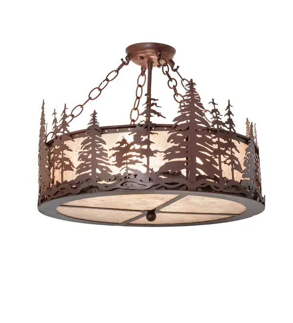 Mesmerizing Pine Tree silhouettes stand tall as the brilliant morning sun rises above the woodlands in the background. The ceiling fixture features a beautiful Silver Mica lens, which is enhanced with a matching bottom diffuser. The luminaire is complemented by decorative accents and hardware featuring a Rust finish. The fixture is ideal for illuminating dining spaces and hallways in residential and hospitality settings. This unique lighting design is inspired by pine trees found in national pine forests, from the Black Hills in Wyoming, to Deschutes National Forest in central Oregon, to Bristlecone Forest in the White Mountains in Bishop, California. The Tall Pines Semi-Flushmount is included in our American-made, American-designed, handcrafted Nature Inspired Collection and manufactured in Yorkville, NY. The fixture is UL and cUL listed for dry and damp locations. Collection: Tall Pines Finish: Rust Glass: Silver Mica Width: 22.00" Height: 16.00" Length: 22.00" Weight: 15.00 lb Number of Bulbs: 4 Maximum Wattage: 60.00 W Bulb Type: A19 Bulb Base: E26 Material: Steel Country of Origin: USA Safety Rating: Damp