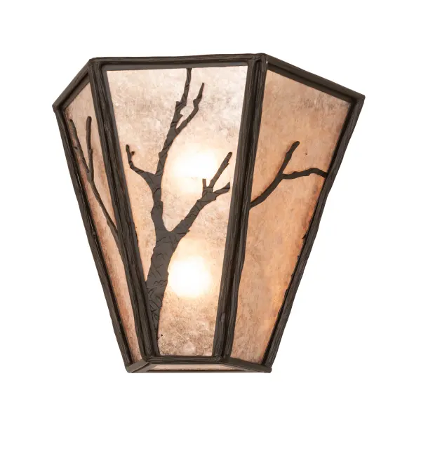 This attractive lighting design features silhouetted tree branches that appear like a midwinter shadow cast by a crisp full moon; mesmerizing with a striking look inspired by Mother Nature. The stunning Silver Mica lens is complemented with a frame and hardware featured in an Oil Rubbed Bronze finish. This gorgeous wall sconce complements any residential or commercial space; especially in hallways and dining areas of timber-frame homes; camps; and restaurants. Match this fixture with Model 292935; the 14 Wide Branches Right Wall Sconce; to make a complete design statement. The Branches Wall Sconces are included in our American-made; American-designed; handcrafted Nature Inspired Collection and manufactured in Yorkville; New York. UL and cUL listed for dry and damp locations."
