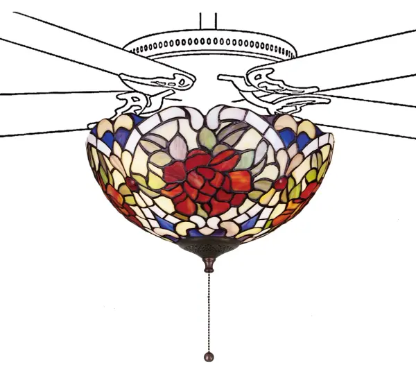 A single Cabernet Red rose; framed in Sunset Green leaves and Ivory scrolls; sits on Lavender and Plum Bronze lace. This beautiful Tiffany style stained glass fan light shade will add Old World elegance to your home. Fan not included.