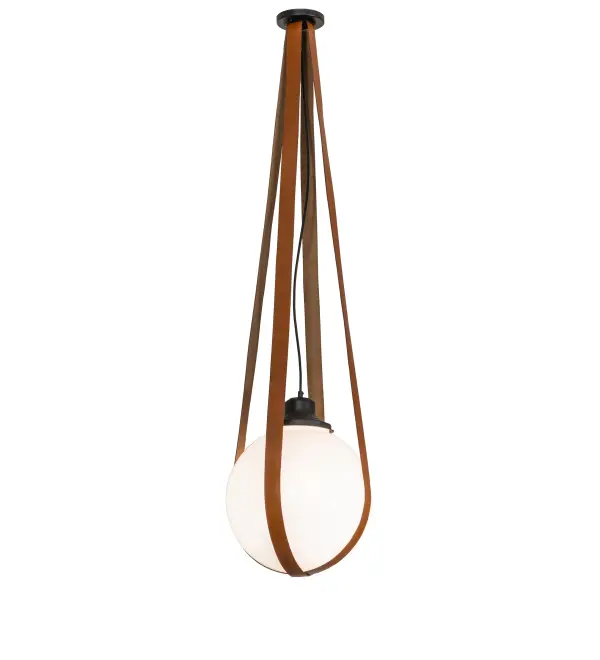 The original straphanger. The Bola Cintura Pendant creates dramatic visual interest with intrigue; appeal; and mystique. This unique but stylish pendant is highlighted with a single Statuario Idalight orb diffuser featuring four Brown harnesses and a Textured Black finish. The fixture is ideal for placement in dining areas and foyers from Springfield; Massachusetts; to Springfield; Illinois; to Springfield; California. The Bola Cintura Pendant is included in our American-made; American-designed; handcrafted Rustic Lighting Collection. UL and cUL listed for dry and damp locations.