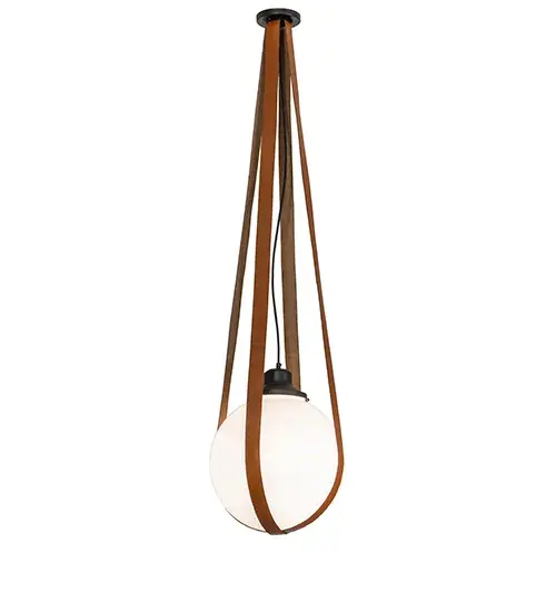 The original straphanger. The Bola Cintura Pendant creates dramatic visual interest with intrigue; appeal; and mystique. This unique but stylish pendant is highlighted with a single Statuario Idalight orb diffuser featuring four Brown harnesses and a Textured Black finish. The fixture is ideal for placement in dining areas and foyers from Springfield; Massachusetts; to Springfield; Illinois; to Springfield; California. The Bola Cintura Pendant is included in our American-made; American-designed; handcrafted Rustic Lighting Collection. UL and cUL listed for dry and damp locations. - alternate view