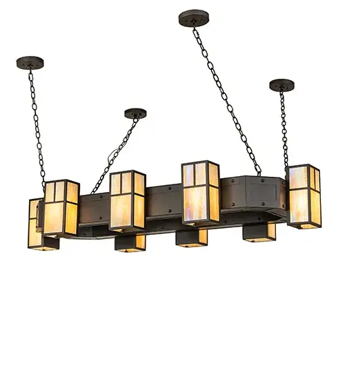 This handsome oblong chandelier is inspired by the Arts and Crafts movement. This fixture features eight Beige Iridescent Glass lanterns highlighted with a striking Mission straight-line design. The fixture is complemented with hardware and decorative accents highlighted in an Oil Rubbed Bronze finish. It is perfect for an oblong chandelier above billiard tables; dining tables; bars; islands; counters; and other residential and hospitality spaces. The overall height ranges from 14 to 100 inches; as the chain length can be easily adjusted on location to accommodate your specific lighting application needs. The Hyde Park Cortland 8 Light Oblong Chandelier is included in our American-made; American-designed; handcrafted Mission Lighting Collection and manufactured in Yorkville; New York. The fixture is UL and cUL listed for dry and damp locations. Mission-style lighting is defined by its straight lines; geometric shapes; and unadorned surfaces and integrates a minimalist aesthetic and solid construction techniques. - alternate view