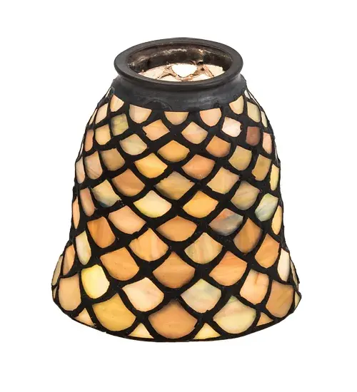 A Louis Comfort Tiffany studio classic fishscale pattern reproduced in variegated glass of Honey dripped Emerald, Sapphire, and Garnet. A versatile stained glass shade to complement any color or style. Fan not included. Please note that these fan light shades are sold individually, specifications and pricing are for a single shade only. Collection: Fishscale Finish: Gyb/Jp Glass: Jp Width: 4.00" Height: 4.50" Length: 4.00" Weight: 1.00 lb Number of Bulbs: 3 Maximum Wattage: 60.00 W Bulb Type: A19 Bulb Base: E26 Material: Metal Or Polyresin Country of Origin: CHINA Safety Listing: Dry Safety Rating: Dry - alternate view