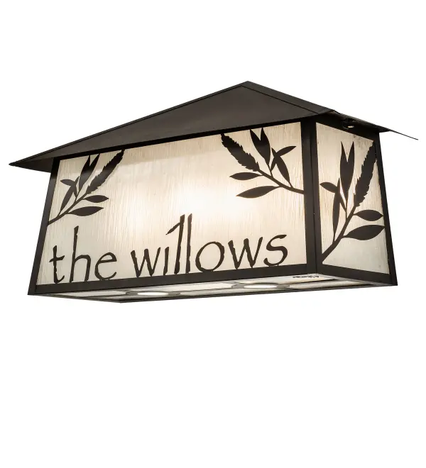 Ideal for outdoor locations... This Mission-style wall sconce is personalized with the Willows logo and graphics featured in a handsome Craftsman Brown finish. Soft ambient light is diffused beautifully through the Frosted Rainyvue Glass lens with a matching downlight. The fixture is perfect for installation on exterior walls and facades. This wall fixture uses four inner lights to bring out the beauty of the glass and two downlights to deliver functional illumination on the surfaces below. The inner lights and downlights benefit from separate circuits to give you precise dimming control over both layers of light to create the perfect ambiance in the space. The Personalized Willows Wall Sconce is included in our American-made; American-designed; handcrafted Personalized Collection and manufactured in Yorkville; New York. The fixture is UL and cUL listed for dry; damp; and wet locations. This lighting fixture can be ordered by calling us and adding your own business or camp name for your next project. Please call for pricing and lead time. Custom Crafted for The Willows Restaurant; a premier fine dining establishment which is located in Utica; New York.