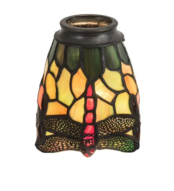 This version of Tiffany Studio's most beloved stained glass dragonfly design is modeled after the original hanging head dragonfly. Each Fan Light Shade features diving dragonflies with glowing Scarlet jeweled eyes and delicate metal filigree wings circle over hand cut pieces of Amber; Pond Green and Scarlet art glass and glistening jewels of Amber; Emerald and Scarlet that represent sunset reflections on rippling water. The shade was created using the famous Meyda copperfoil construction. Photo for reference only*. Item number includes only one shade. Please specify as many individual shades as you need. Ceiling fan & light kit are not included. 2 Fitter included."