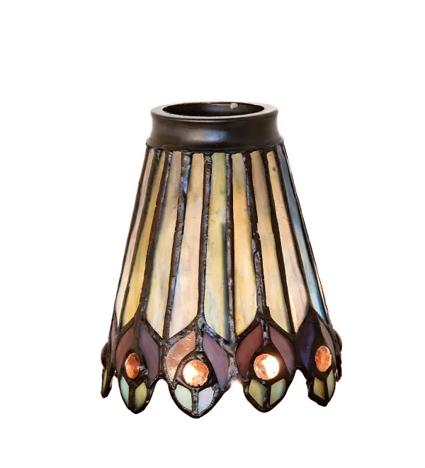 As distinctive as beautiful Peacock fanning feathers in the wild; no two shades will ever be the same as their individuality can be as remarkably unique as their personality. This artistic creation utilizes swirling opalescent art glass background combinations including Beige; Yellow Pinks; Golden Greens; Ivories; Bluish Whites; Turquoise Blues; Olive and Spring Greens. The eye of the plumage design reveals Purples; Pastel Blues; Teals; Cobalt and Ivories; accented with Blue and Purple colored jewels. Please note that these fan light shades are sold individually; specifications and pricing are for a single shade only.