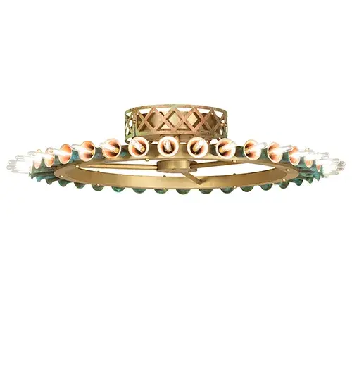 A magnificent masterpiece of Brass; Copper; and energy-efficient LEDs that speaks to drama; excitement; and celebration of beautiful lighting and design. Spring into action and select this innovative lighting design; which features organically bent Brass Tubing finished in Brushed Brass. Beautiful Verdigris Copper finished socket cups; designed as Trumpet Lily flowers; pair beautifully with 36 customer-supplied lamps. This eye-catching ceiling fixture is ideal for illuminating entryways; lobbies; and ballrooms in hotels and other commercial lighting installations. The canopy and decorative banding accents are crafted of Copper. The Coyle 36 Light Semi-Flushmount is featured in our American-made; American-designed Coyle Chandelier Collection; which is manufactured in Yorkville; New York. UL and cUL listed for dry and damp locations. - alternate view