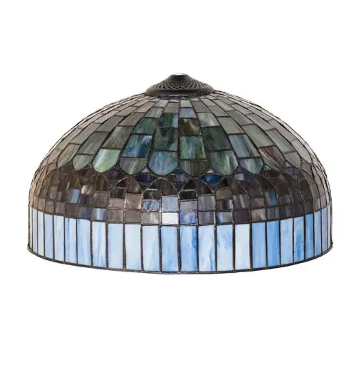 Elegant and distinctive, this Tiffany Candice shade features an Amber Plum glass fringe crowning domed brickwork of Emerald, Cobalt, and Ruby with Purple diamond-shaped accents for the look of woven fabric. The art glass shade is created using the famous Meyda copperfoil construction and can be paired with a base to create a table lamp or matched with hardware to build a ceiling fixture. The Tiffany Candice Shade is included in our American-designed, handcrafted Tiffany Reproduction Lighting Collection. Each shade is a unique work of art with color variations based on natural ingredients inherent in the glass. Collection: Tiffany Candice Glass: Stained Glass Width: 16.00" Height: 9.00" Length: 16.00" Weight: 6.00 lb Country of Origin: CHINA Safety Rating: Damp - alternate view