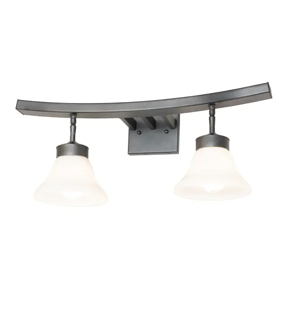 A stylish wall fixture that features two White Opal Glass Bell-shaped shades embraced by arms and a frame offered in a Blackened Pewter finish. Place this fixture in fine baths in hospitality, residential, and commercial areas. The Leya 2 Light Vanity Light is included in our American-made, American-designed, handcrafted Modern Lighting Collection and manufactured in Yorkville, New York. UL and cUL listed for dry and damp locations. Collection: Leya Finish: Blackened Pewter Glass: Opal White Width: 24.00" Height: 10.50" Length: 9.50" Weight: 5.50 lb Number of Bulbs: 2 Maximum Wattage: 60.00 W Bulb Type: A19 Bulb Base: E26 Material: Steel Country of Origin: USA Safety Rating: Damp