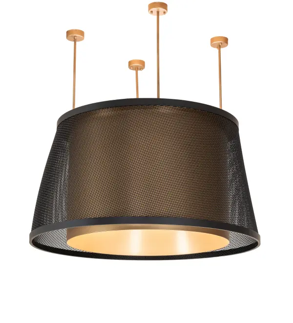 This stunning fixture with a curved shape integrates a modern look with industrial style. The fixture features a Flat Black finished Weave-Tex outer frame surrounding a Gold Metallic cylindrical shade which is enhanced with a Statuario Idalight bottom diffuser. The pendant can illuminate a table in homes; lounges; and restaurants. This pendant is enhanced with Integral LEDs to inner shade and another set of Integral LEDs that deliver ambient lighting precisely above the fixture The decorative and ambient lighting benefit from separate circuits to give you precise dimming control over both layers of light to create the perfect ambiance in the space. The Cilindro Weave-Tex Tapered Pendant is included in our American-made; American-designed; handcrafted Modern Lighting Collection and manufactured in Yorkville; NY. UL & cUL listed for dry and damp locations. The fixture is featured at 125 West 57th Street in Manhattan; New York; steps from Central Park.