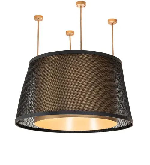 This stunning fixture with a curved shape integrates a modern look with industrial style. The fixture features a Flat Black finished Weave-Tex outer frame surrounding a Gold Metallic cylindrical shade which is enhanced with a Statuario Idalight bottom diffuser. The pendant can illuminate a table in homes; lounges; and restaurants. This pendant is enhanced with Integral LEDs to inner shade and another set of Integral LEDs that deliver ambient lighting precisely above the fixture The decorative and ambient lighting benefit from separate circuits to give you precise dimming control over both layers of light to create the perfect ambiance in the space. The Cilindro Weave-Tex Tapered Pendant is included in our American-made; American-designed; handcrafted Modern Lighting Collection and manufactured in Yorkville; NY. UL & cUL listed for dry and damp locations. The fixture is featured at 125 West 57th Street in Manhattan; New York; steps from Central Park. - alternate view
