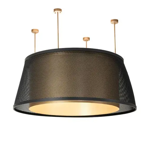 This stunning fixture with a curved shape integrates a modern look with industrial style. The fixture features a Flat Black finished Weave-Tex outer frame surrounding a Gold Metallic cylindrical inner shade; which is enhanced with a Statuario Idalight bottom diffuser. The pendant can illuminate a bar; island; or counter in homes; lounges; and restaurants. This pendant is enhanced with Integral LEDs to the inner shade and another set of Integral LEDs that deliver ambient lighting precisely above the fixture. The decorative and ambient lighting benefit from separate circuits to give you precise dimming control over both layers of light to create the perfect ambiance in the space. The overall height of the fixture ranges from 20 to 147 inches; as the suspension rods can be adjusted on location. The Cilindro Weave-Tex Tapered Pendant is included in our American-made; American-designed; handcrafted Modern Lighting Collection and manufactured in Yorkville; NY. UL & cUL listed for dry and damp locations. The fixture is featured at 125 West 57th Street in Manhattan; New York; steps from Central Park. - alternate view