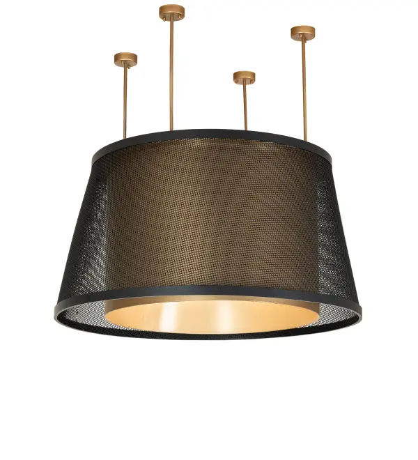 This stunning fixture with a curved shape integrates a modern look with industrial style. The ceiling pendant features a Flat Black finished Weave-Tex outer frame surrounding a Gold Metallic cylindrical inner shade, enhanced with a Statuario Idalight bottom diffuser. The fixture can illuminate a bar, island, or counter in homes, lounges, and restaurants. This pendant is enhanced with Integral LEDs to illuminate inside the inner diffuser and another set of Integral LEDs that deliver ambient lighting precisely above the fixture. The decorative and ambient lighting benefit from separate circuits to give you precise dimming control over both layers of light to create the perfect ambiance in the space. The overall height of the fixture ranges from 20 to 180 inches, and the suspension rods can be easily adjusted on location. The Cilindro Weave-Tex Tapered Pendant is included in our American-made, American-designed, handcrafted Modern Lighting Collection and is manufactured in Yorkville, New York. UL & cUL listed for dry and damp locations. The fixture is featured at 125 West 57th Street in Manhattan, New York, steps from Central Park. Collection: Cilindro Finish: Gold Metallic/ Flat Black Glass: Statuario Idalight Width: 36.00" Height: 20.00" Length: 36.00" Weight: 110.00 lb Maximum Wattage: 85.00 W Bulb Type: LED Bulb Base: INTEGRAL Light Source: LED Color Temperature: 3000 K Country of Origin: USA Safety Rating: Damp LED