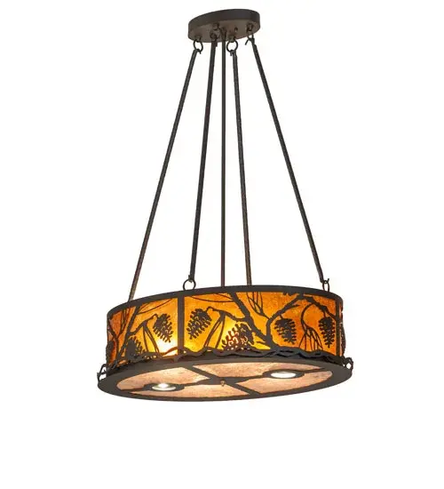 Stunning Pinecones with Pine Needles are featured in this inverted oval-shaped pendant lighting design. Rustic charm comes alive with soft ambient light projected through a stunning Amber Mica shade with a Silver Mica bottom diffuser. The Nature Inspired ceiling pendant is complemented with Oil Rubbed Bronze finished hardware. The lighting fixture illuminates with six inner lights to bring out the beauty of the Mica and two downlights to deliver functional lighting on surfaces below. The downlights and inner lights benefit from separate circuits to give you precise dimming control over both layers of light to create the perfect ambiance in the space. The ideal centerpiece for illuminating dining areas, entryways, and other residential, hospitality, and commercial spaces. The Pinecone Oblong Inverted Pendant is featured in our American-made, American-designed, handcrafted Nature Inspired Lighting Collection and manufactured in Yorkville, New York. UL and cUL listed for dry and damp locations. Upstate New York's adventurous playland, known as the Adirondack Mountains, with its many breathtaking forests, lakes, and rivers, is the spiritual birthplace of Meyda and inspires our rustic-themed mica collections. Collection: Pinecone Finish: Oil Rubbed Bronze Glass: Amber Mica And Silver Mica Width: 18.00" Height: 38.00" Length: 26.00" Weight: 23.00 lb Number of Bulbs: 6 Maximum Wattage: 60.00 W Bulb Type: A19 Bulb Base: E26 Material: Steel Country of Origin: USA Safety Rating: Damp - alternate view