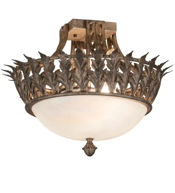 Capture an elegant European-styled design. This dazzling Hampton ceiling fixture is enhanced with lovely Acanthus Leaf metal accents that adorn the perimeter. The stunning White Iridescent Glass shade is complemented with a finial; decorative accents; and hardware in a gorgeous Corinth finish. The pendant beautifully illuminates dining areas and entryways in fine homes and restaurants from Ann Arbor; Michigan; to Springfield; Illinois; to Berkeley; California. The Hampton Flushmount is included in our American-made; American-designed Contemporary Lighting Collection and manufactured in Yorkville; NY. It is UL and cUL listed for dry and damp locations.